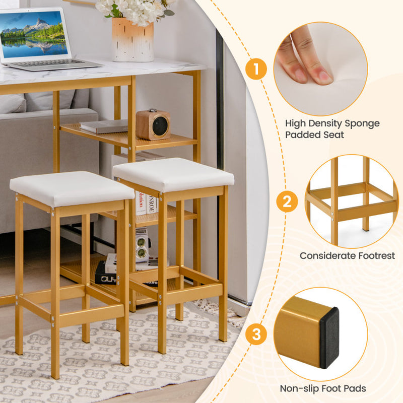 3 Pieces Gold Bar Table Set for 2 with 3-Tier Storage Shelves