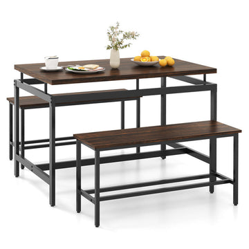 3 Pieces Dining Table Set with Wooden Kitchen Table and 2 Benches
