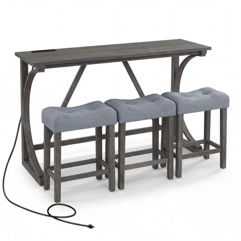 4-Piece Bar Table Set with Power Outlet and Upholstered Saddle Seat Stools