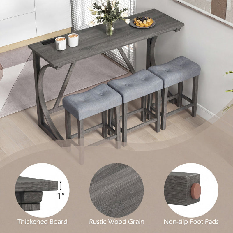 4-Piece Bar Table Set with Power Outlet and Upholstered Saddle Seat Stools