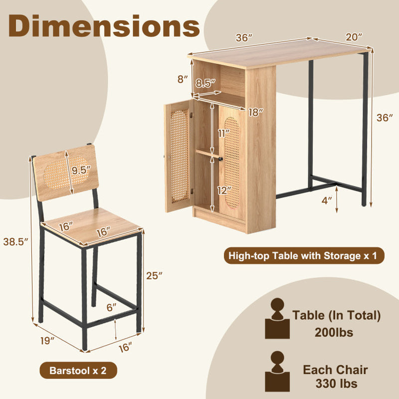 3-Piece Bar Table and Chairs Set with Storage Shelves and Footrests
