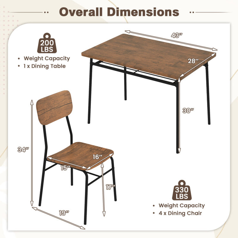 5-Piece Table Set for 4 with Metal Frame and Storage Rack