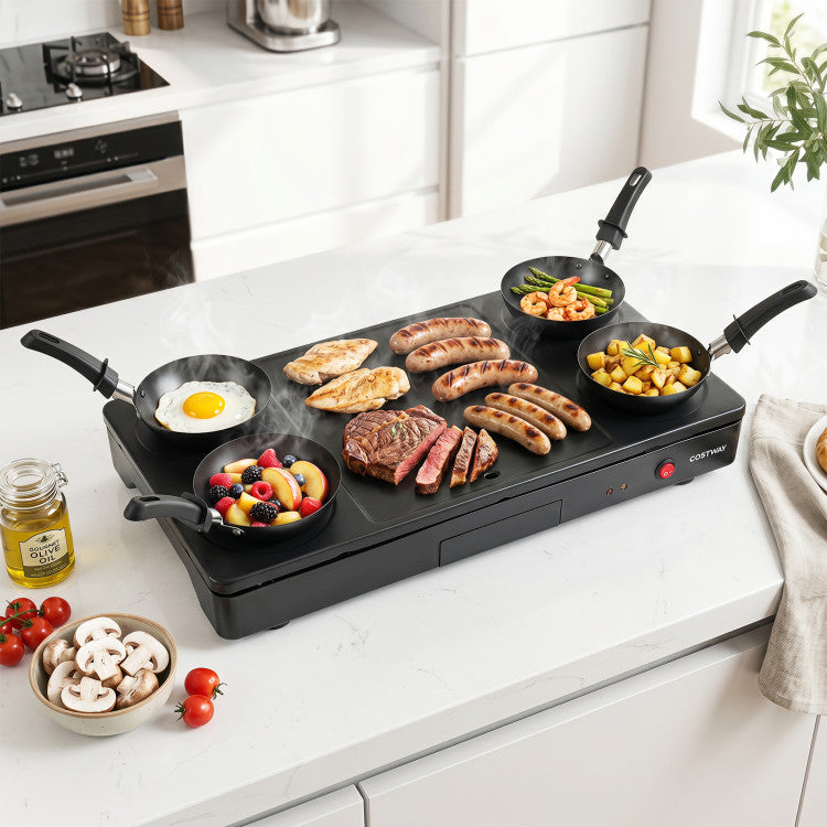 1000W Electric Grill Griddle with 4 Nonstick Woks and Wooden Spatulas for Pancakes