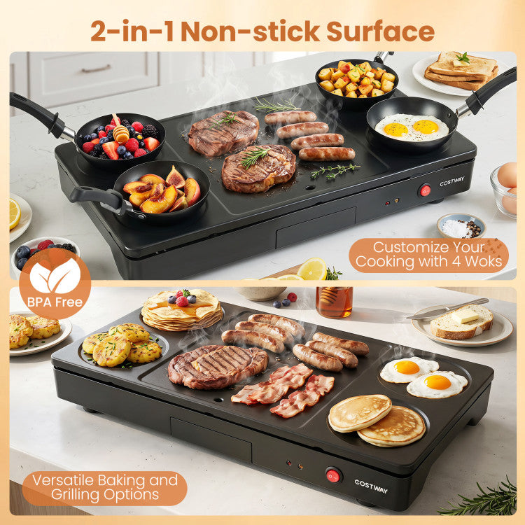 1000W Electric Grill Griddle with 4 Nonstick Woks and Wooden Spatulas for Pancakes