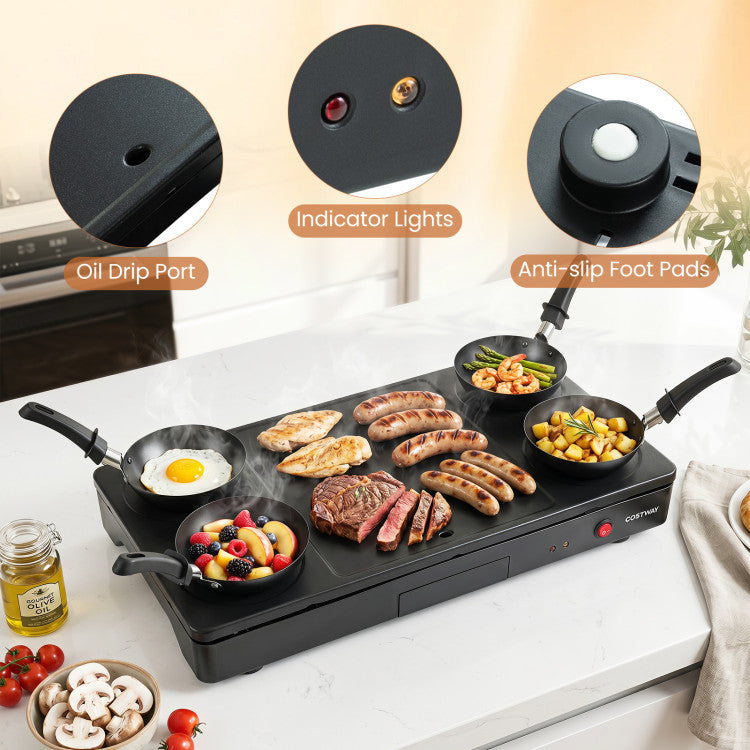 1000W Electric Grill Griddle with 4 Nonstick Woks and Wooden Spatulas for Pancakes