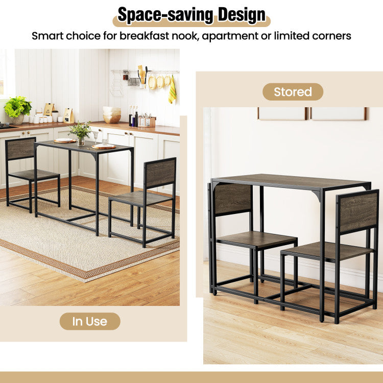 3 Pieces Dining Set Compact Table and 2 Chair with Metal Frame for Small Space