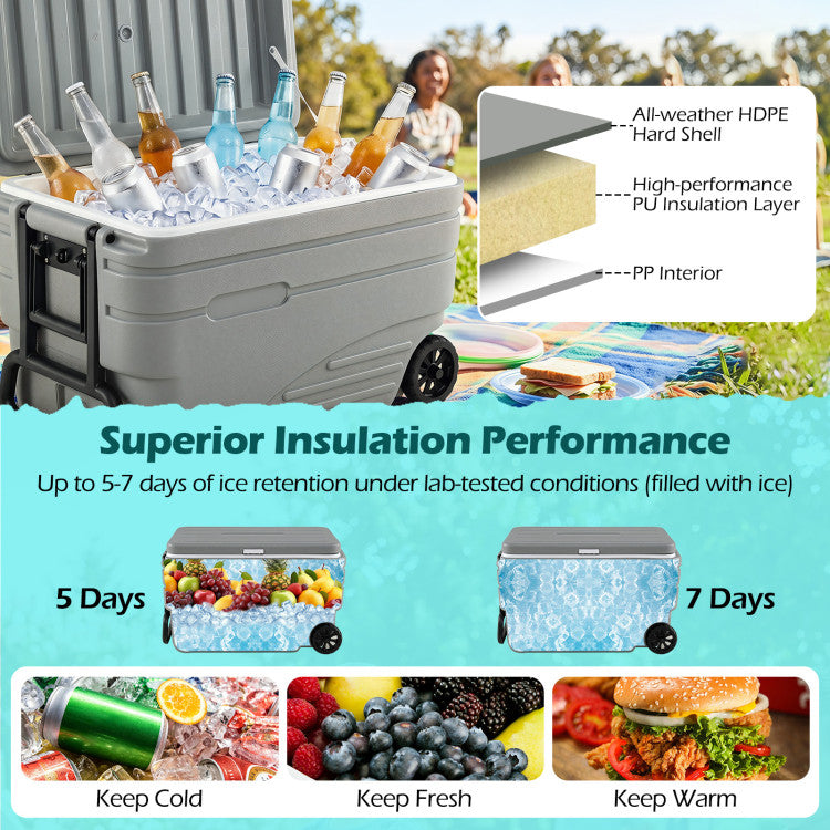 103 Quart Outdoor Portable Wheeled Ice Cooler with Foldable Pull and Carry Handles