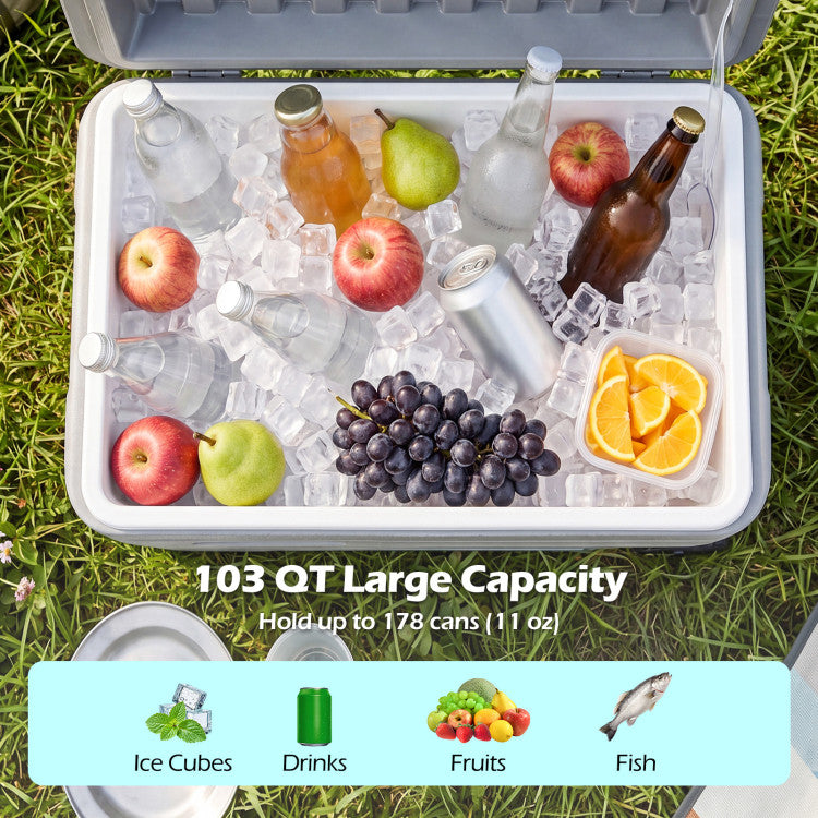 103 Quart Outdoor Portable Wheeled Ice Cooler with Foldable Pull and Carry Handles