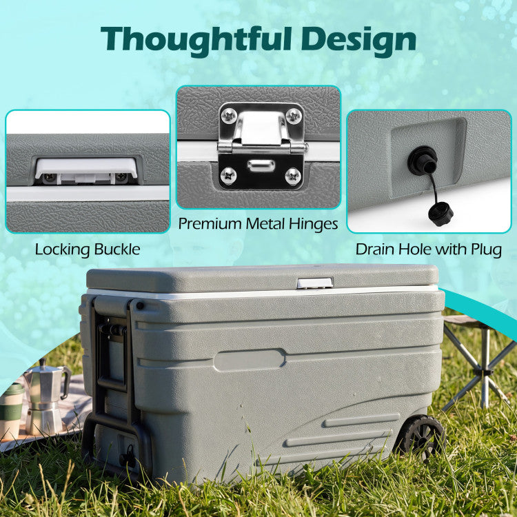 103 Quart Outdoor Portable Wheeled Ice Cooler with Foldable Pull and Carry Handles