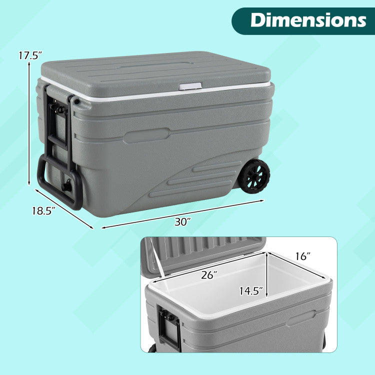 103 Quart Outdoor Portable Wheeled Ice Cooler with Foldable Pull and Carry Handles