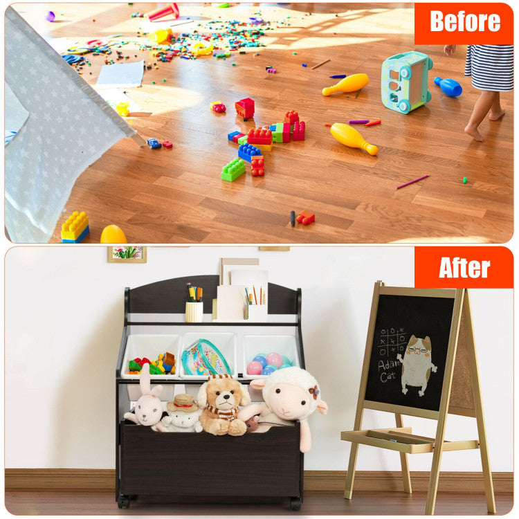 Kids Toy Storage Organizer with Rolling Toy Box and Plastic Bins, Wooden Cabinet