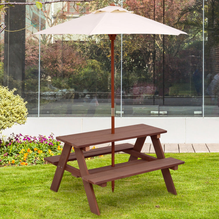 Outdoor 4-Seat Kids Picnic Table Bench Set with Removable Umbrella