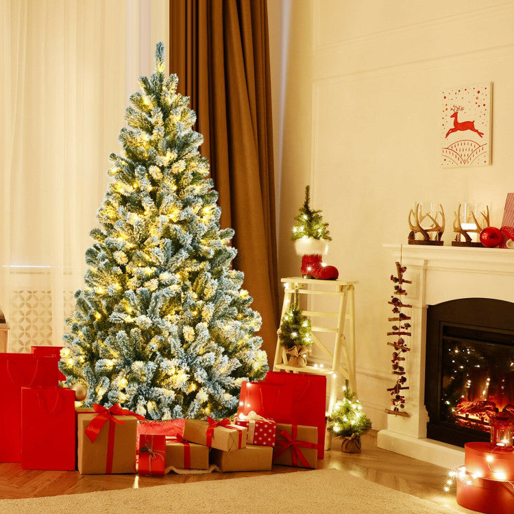 6/7/8 Feet Pre-lit Snow Flocked Christmas Tree with Metal Stand