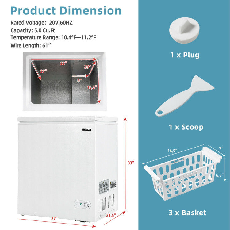 5 Cu.ft Chest Freezer with 3 Removable Storage Baskets