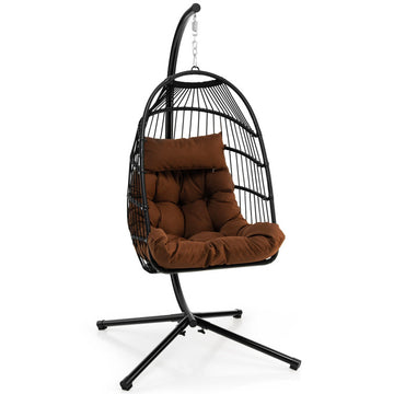 Patio Hanging Egg Chair with Stand Waterproof Cover and Folding Basket