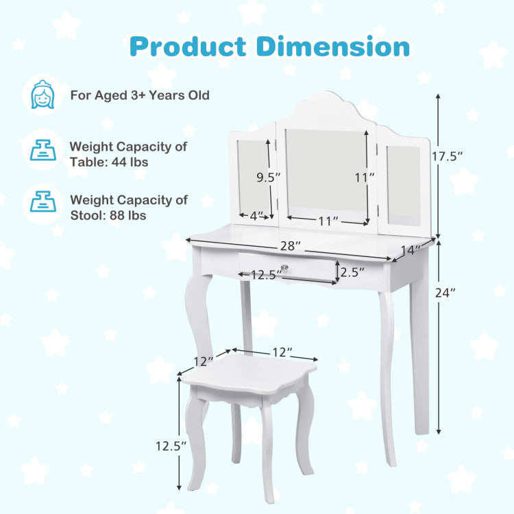 Kids Dressing Vanity Set with Detachable Tri-Folding Mirror and Stool