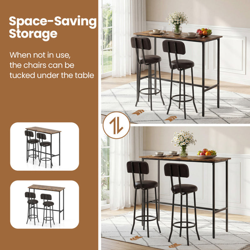 3-Piece Industrial Bar Table Set with 2 Upholstered Stools and Footrests for Dining Room