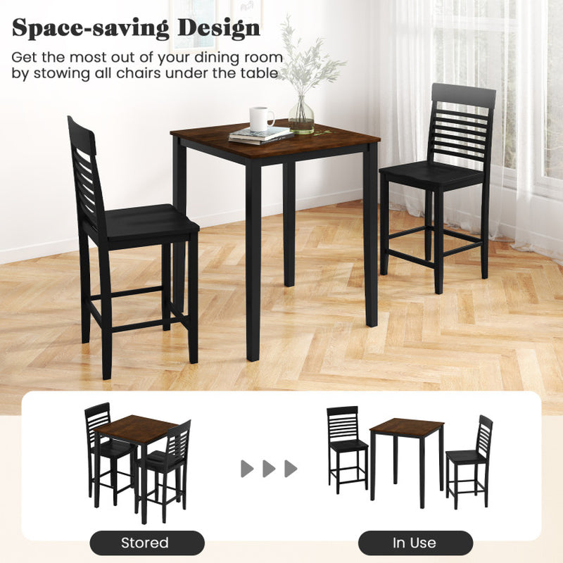3-Piece Counter-Height Dining Table Set for 2 with Rubber Wood Frame and Footrest