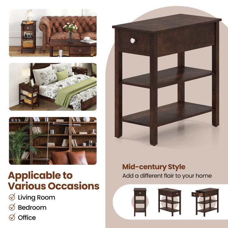 3-Tier Narrow End Table with Drawer and Storage Shelves