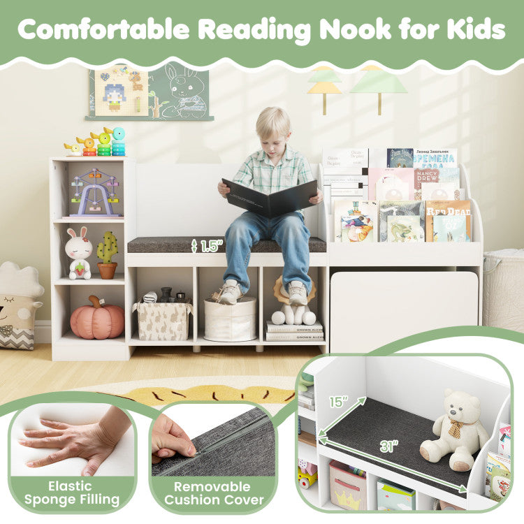 Kids Bookcase with Reading Nook 4-in-1 Standing Toy Organizer