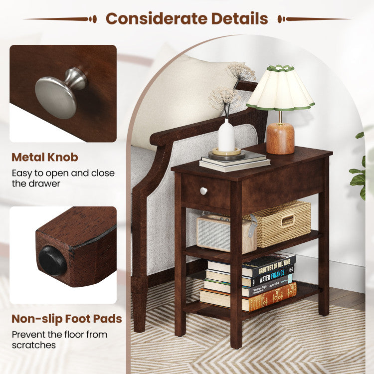 3-Tier Narrow End Table with Drawer and Storage Shelves