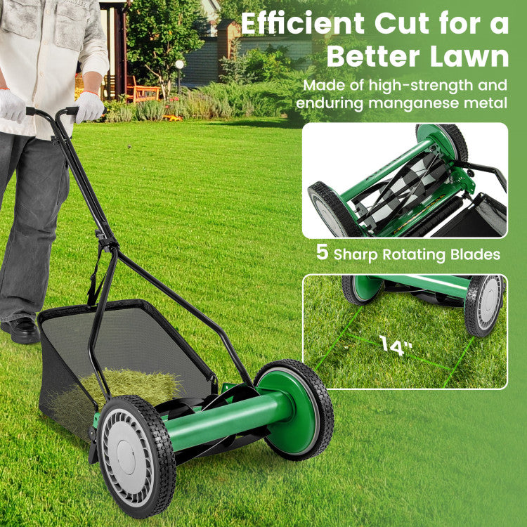 14 Inch Push Lawn Mower with 5 Steel Blades and Grass Catcher Bag