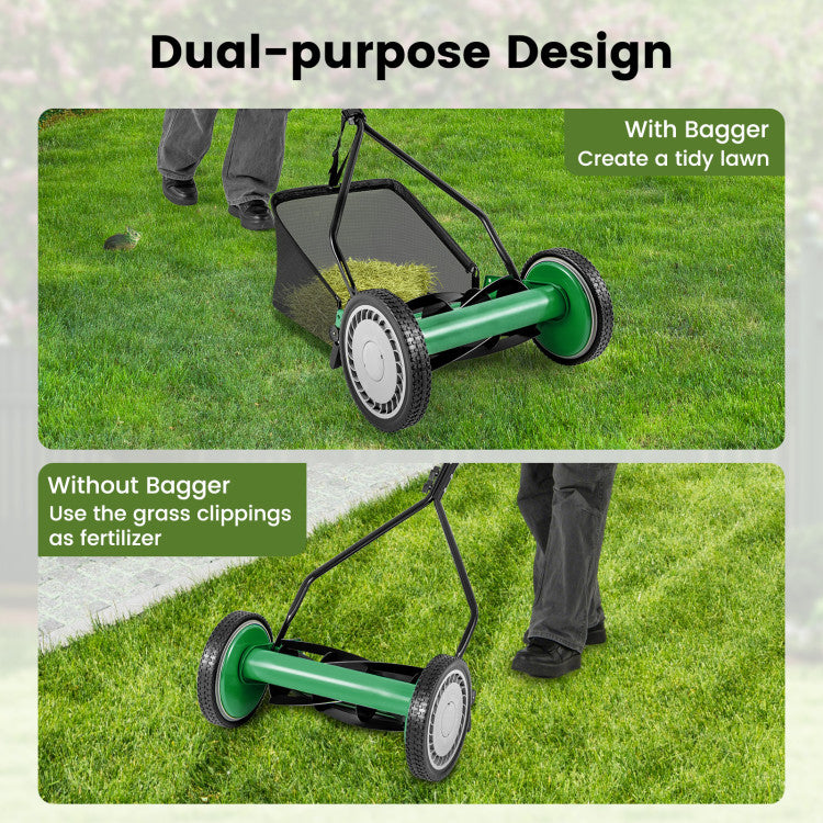 14 Inch Push Lawn Mower with 5 Steel Blades and Grass Catcher Bag
