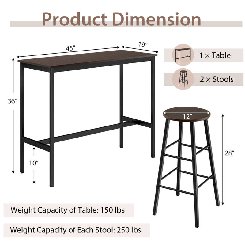 3 Pieces Bar Table Set with Dining Table and 2 round Stools