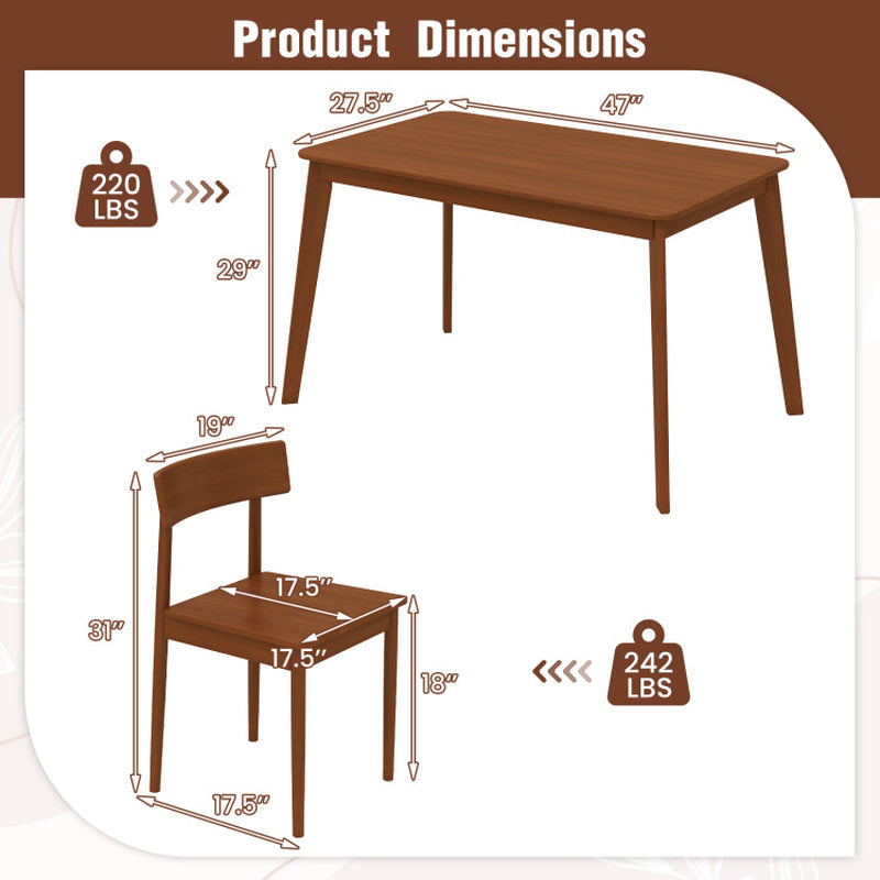 5 Piece Wood Dining Table Set with Rubber Wood Frame and 4 Chairs