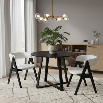 3-Piece Mid-Century Dining Set with 36” round Pedestal Table and 2 Sherpa Upholstered Chairs