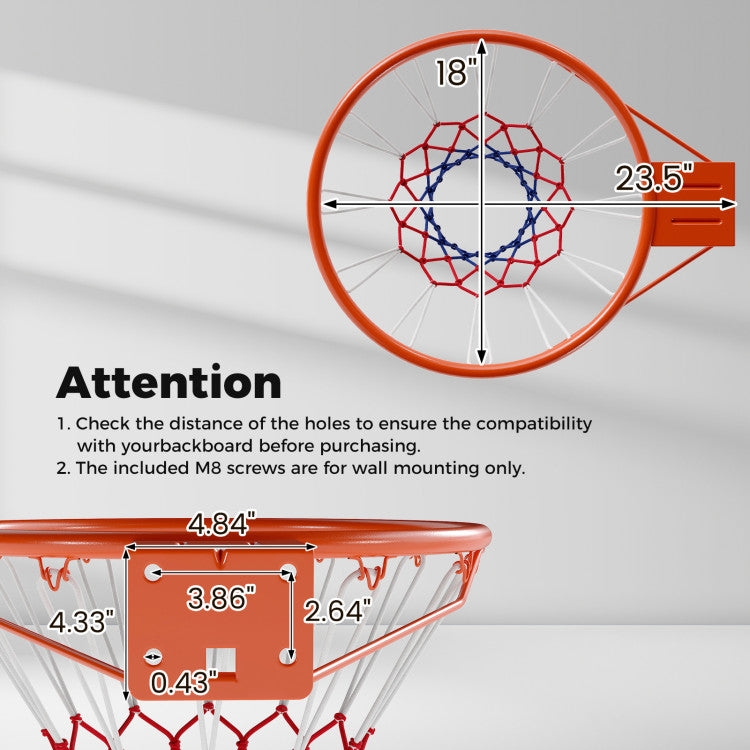18" Basketball Rim Heavy Duty Wall Mounted Basketball Rim Goal Replacement