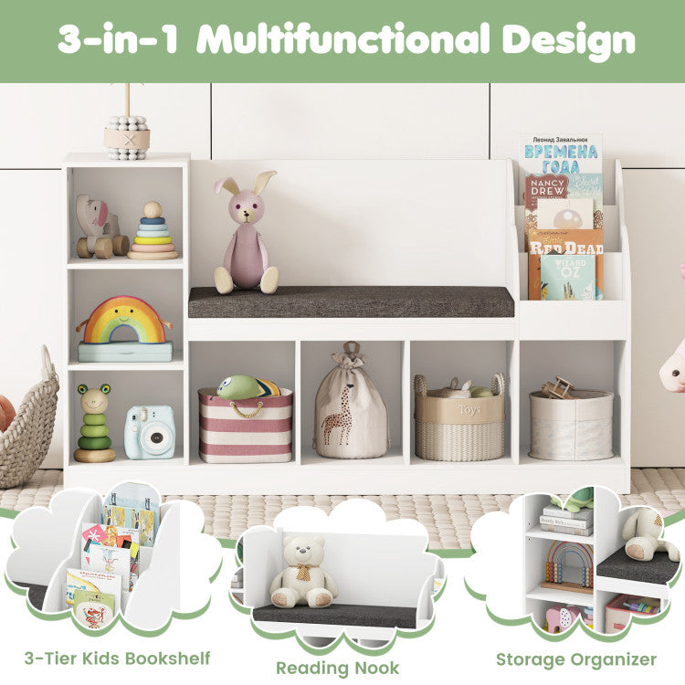 Kids Bookcase with Reading Nook 3-in-1 Standing Toy Organizer