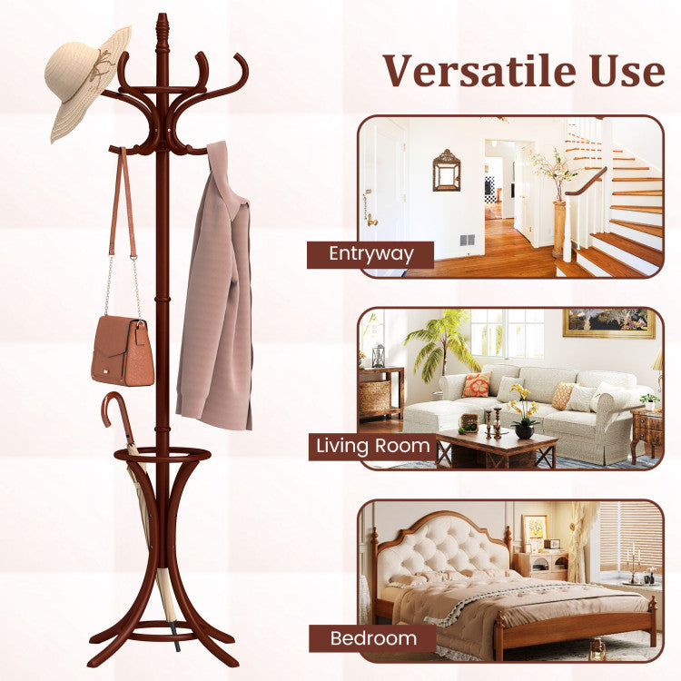 Wooden Standing Coat Rack Tree with 12 Hooks and Umbrella Stand