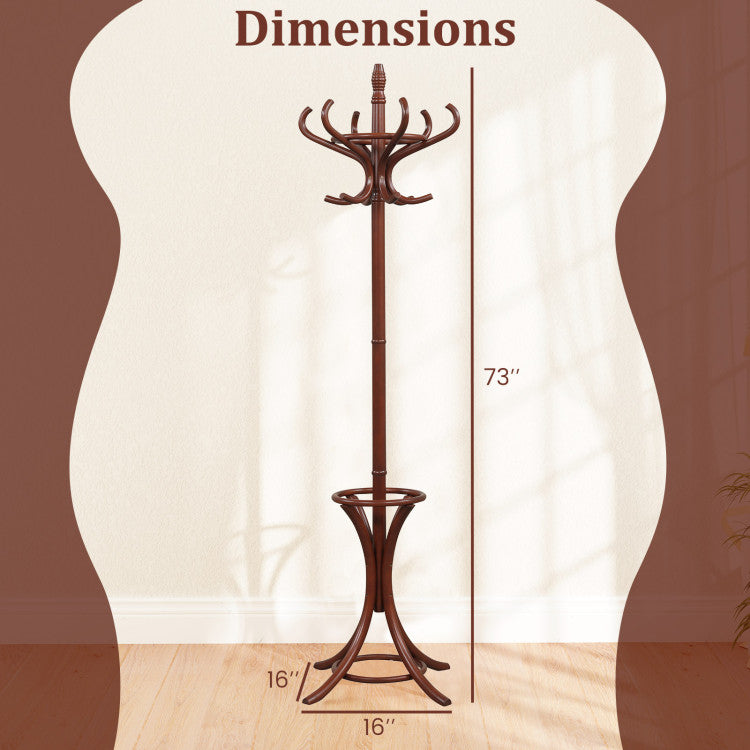 Wooden Standing Coat Rack Tree with 12 Hooks and Umbrella Stand