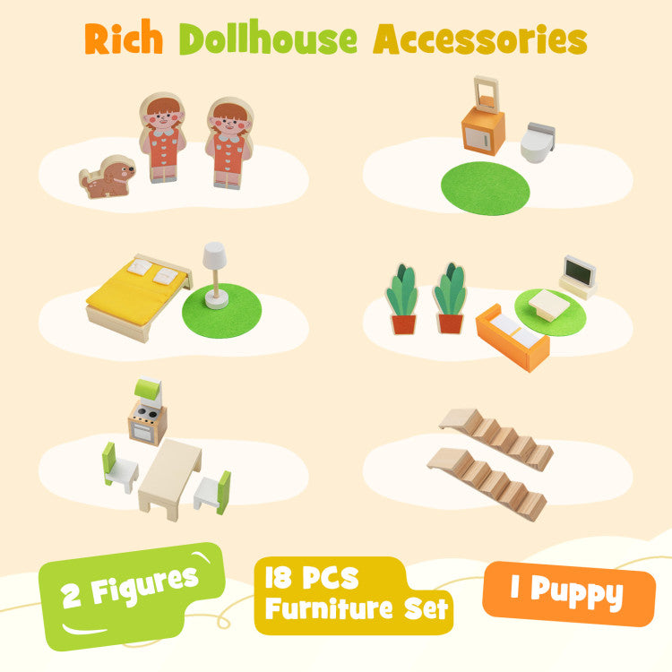 Wooden Dollhouse for Kids Modern Family Pretend Playhouse with Furniture Pieces and Figures