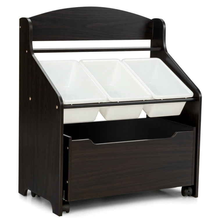 Kids Toy Storage Organizer with Rolling Toy Box and Plastic Bins, Wooden Cabinet