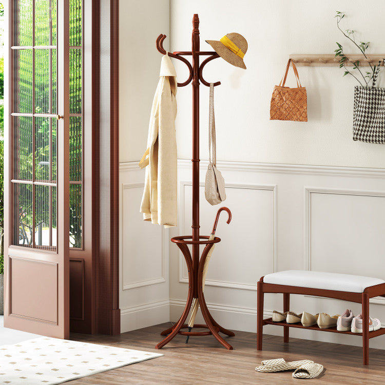 Wooden Standing Coat Rack Tree with 12 Hooks and Umbrella Stand