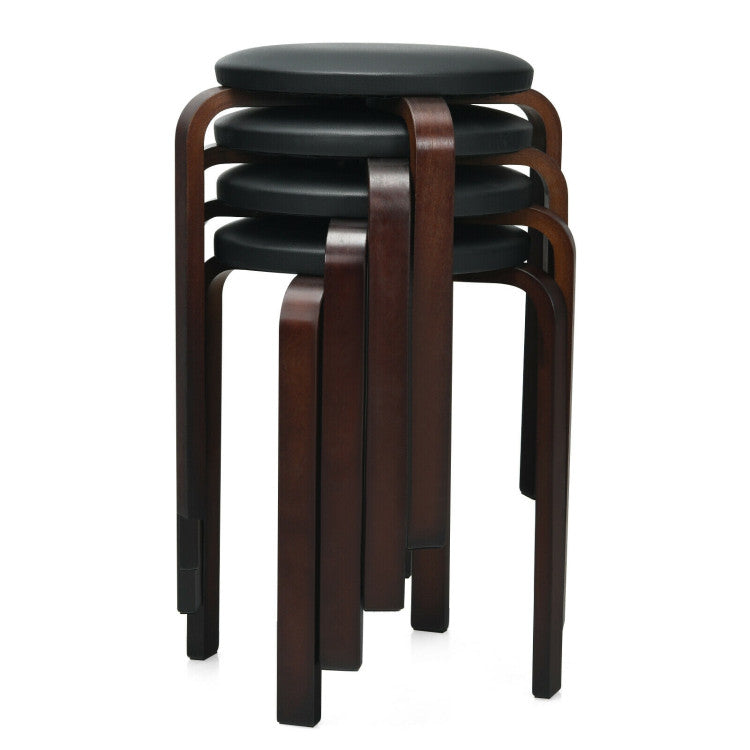 4-Pack Bentwood Stack Stools with PU Leather Round Top