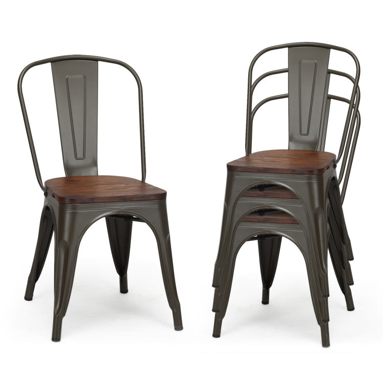 18 Inch Set of 4 Stackable Metal Dining Chair with Wood Seat