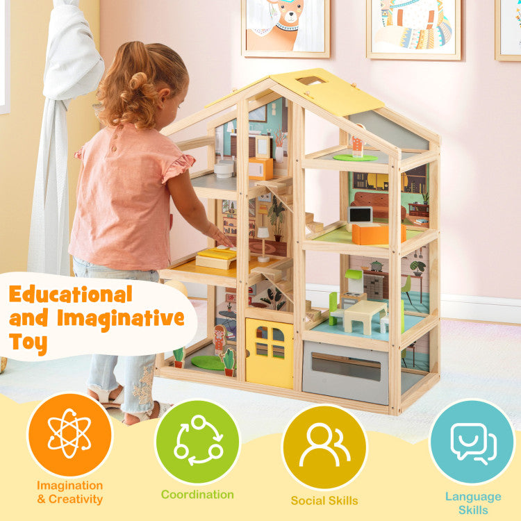 Wooden Dollhouse for Kids Modern Family Pretend Playhouse with Furniture Pieces and Figures
