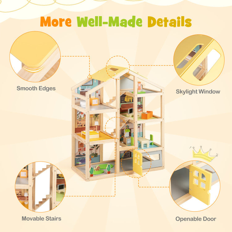 Wooden Dollhouse for Kids Modern Family Pretend Playhouse with Furniture Pieces and Figures