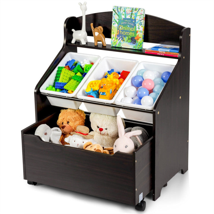 Kids Toy Storage Organizer with Rolling Toy Box and Plastic Bins, Wooden Cabinet