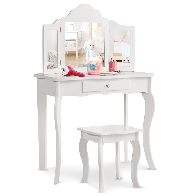 Kids Dressing Vanity Set with Detachable Tri-Folding Mirror and Stool