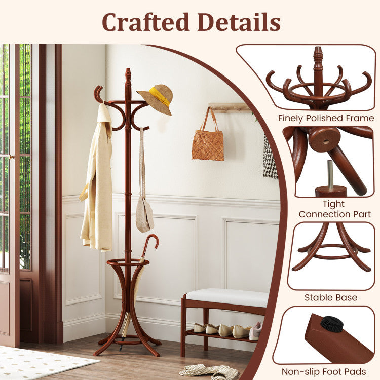 Wooden Standing Coat Rack Tree with 12 Hooks and Umbrella Stand