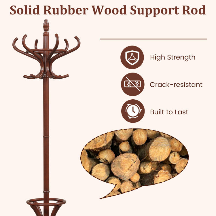 Wooden Standing Coat Rack Tree with 12 Hooks and Umbrella Stand