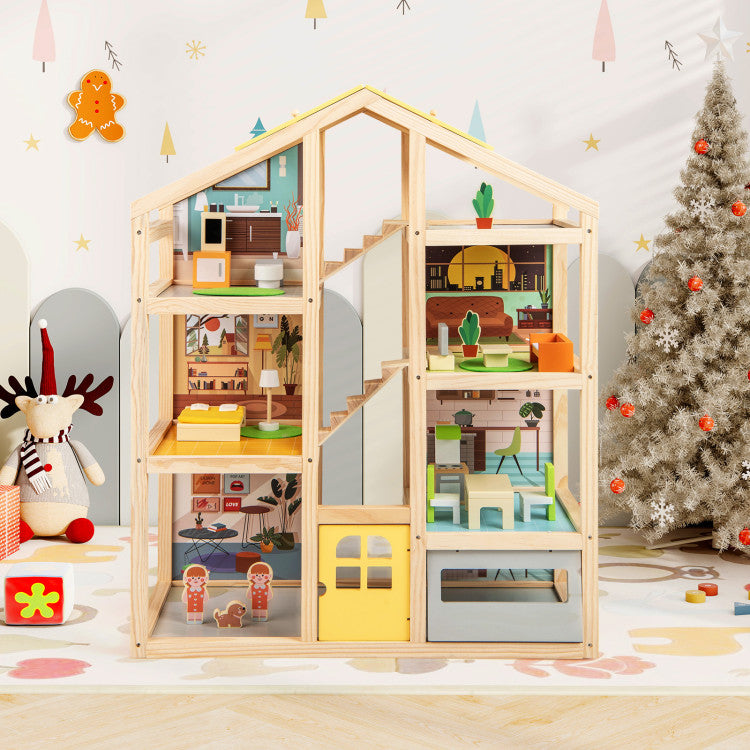Wooden Dollhouse for Kids Modern Family Pretend Playhouse with Furniture Pieces and Figures