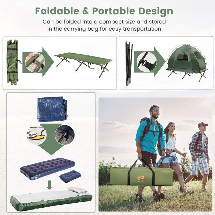 1-Person Folding Camping Tent with Sunshade and Air Mattress