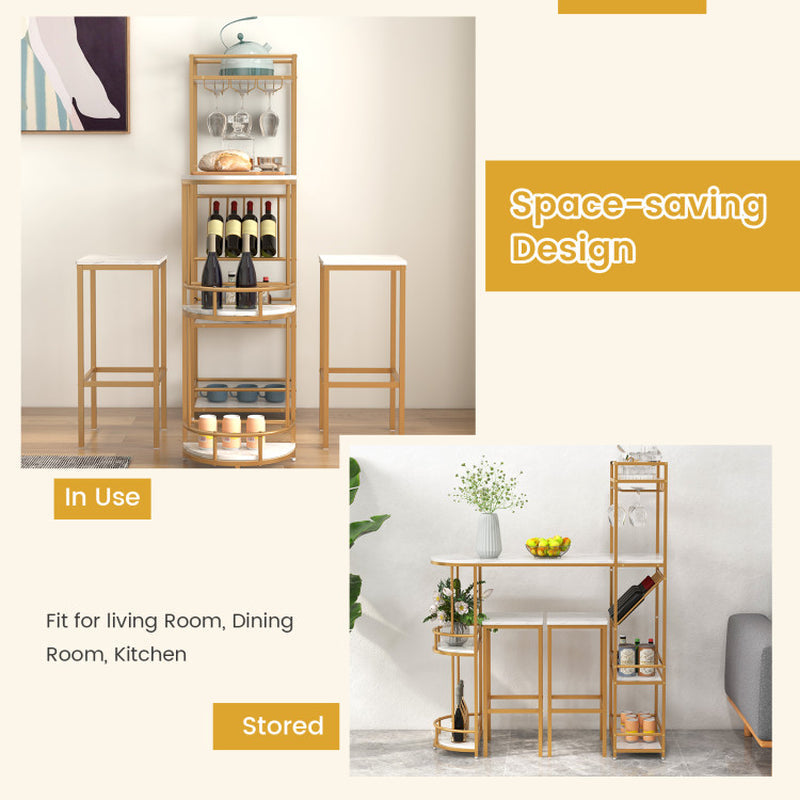 3 Pieces Bar Table Set with Storage Shelves and Wine Rack
