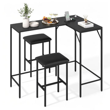 3-Piece Convertible L-Shaped Kitchen Table Chair Set with 2 AC Outlets USB Port and Type-C Port