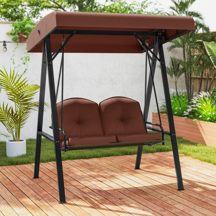 2-Person Outdoor Porch Swing with A-Shaped Metal Stand and Adjustable Canopy